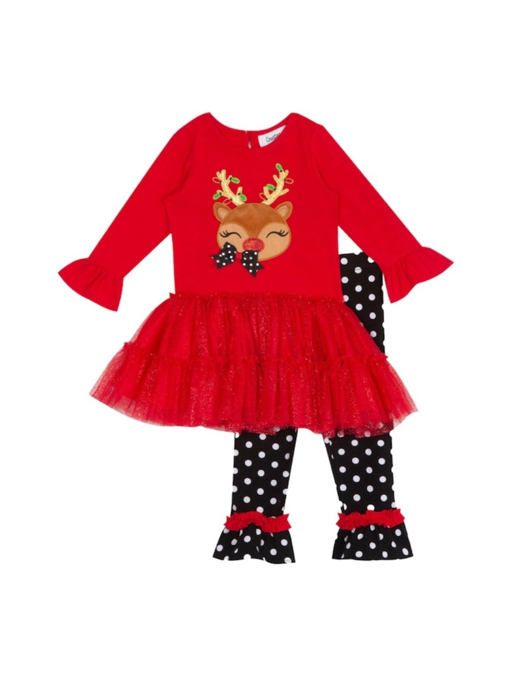 Counting Daisies Red Nosed Reindeer Face Tutu Skirted Dress & Dotted Leggings